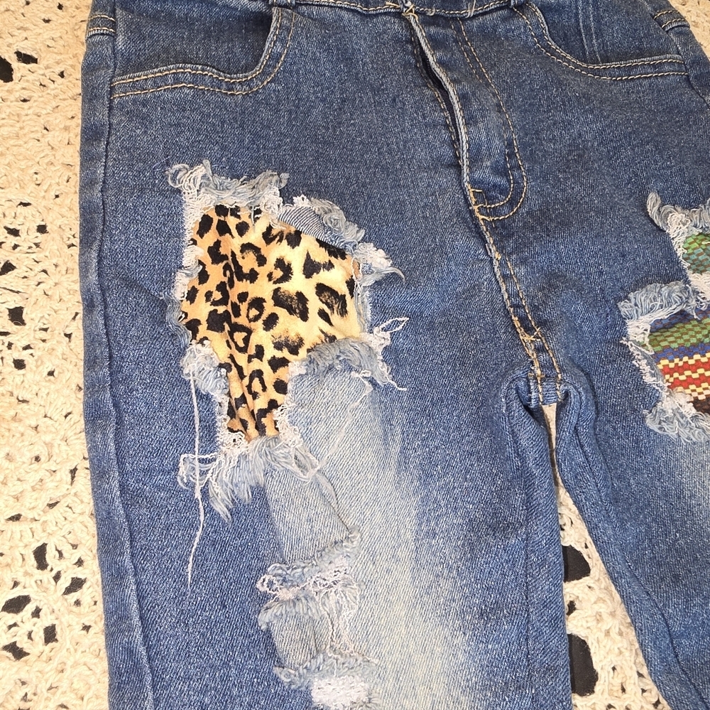 Leopard And Serape Distress Denim Girls Jeans, Stretch, Large - Picture 3 of 9